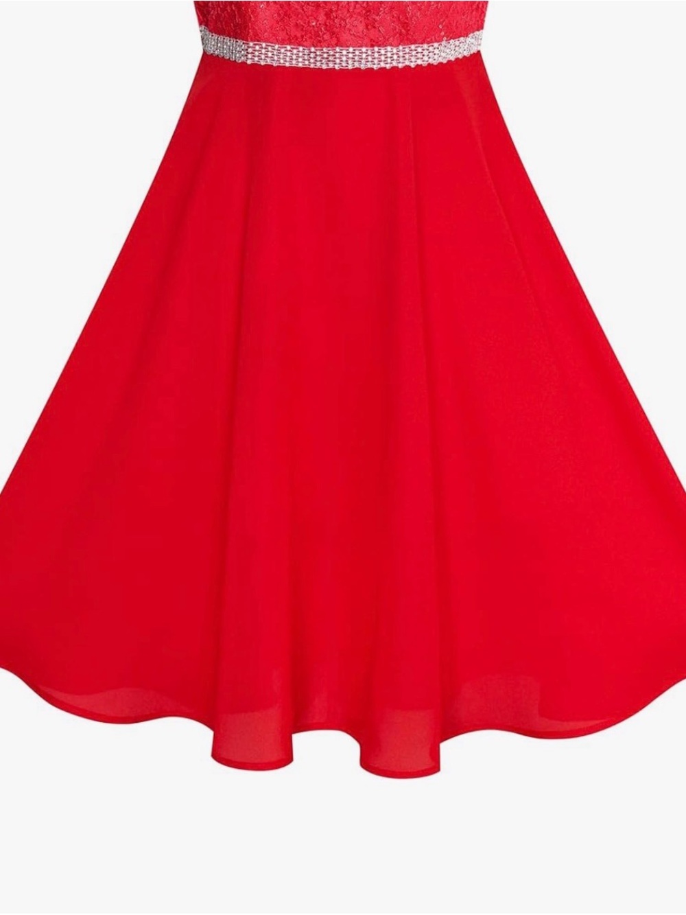 Girls' Red Lace Bodice A-Line Dress with Rhinestone Waist - Picture 5 of 6